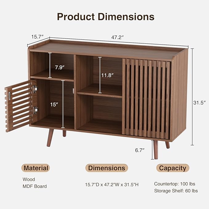 47.2" Buffet Cabinet with Storage, Mid-Century Sideboard Coffee Bar Cabinet with Sliding Door for Living Room, Dining Room, Kitchen, Hallway, Walnut
