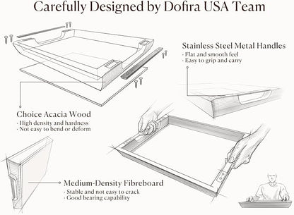 Acacia Wood Serving Tray with Metal Handles, 17x13in Food Drinks Tray for Coffee Table, Breakfast, Dinner & Bar, Rustic Decorative Storage Tray for Ottoman, Kitchen, Elegent Gift for Father