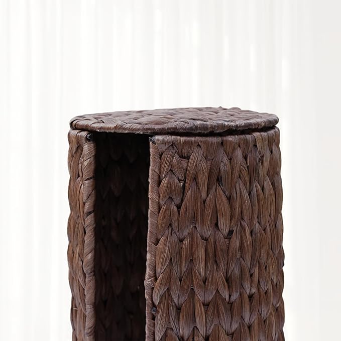 PINXIURY Water Hyacinth Paper Roll Holder, Wicker Toilet Paper Holder Stand for Bathroom, Toilet Roll Holder Stand for Bathroom and Under Sink, 3 Rolls of Toilet Paper Storage, Coffee