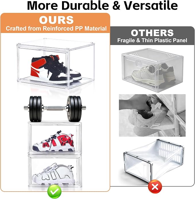 BVBOX 12 Pack Acrylic Shoe Storage Boxes with Magnetic Door - 360° Clear Stackable Shoe Display Box Set, Plastic Shoe Cabinet Rack Box for Sneakers Heels Shoes (12, Clear, XL - Side Open)