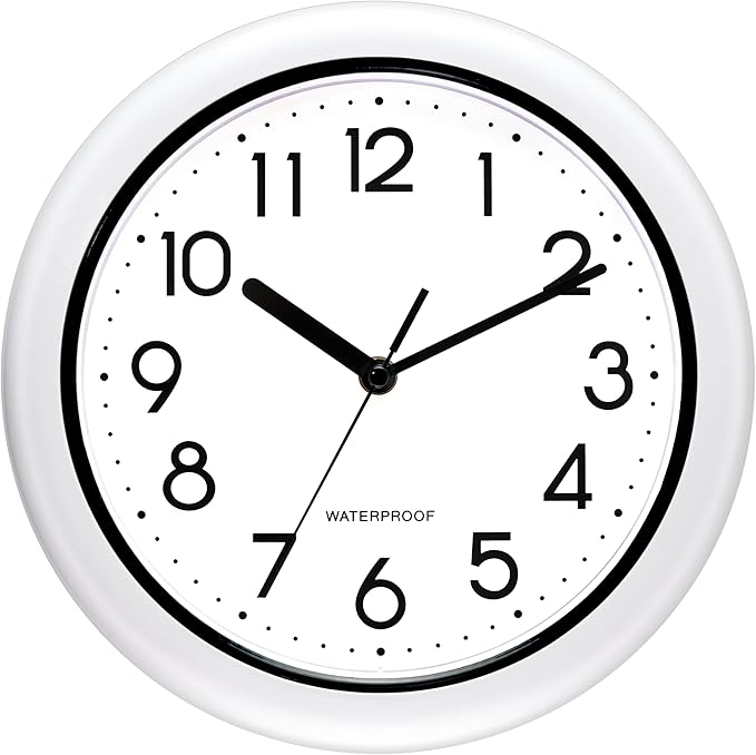 Caysie 10 Inch Sealed Indoor Outdoor Clock Waterproof, Silent Battery Operated Weatherproof Wall Clocks for Pool Patio Outside Home (White)