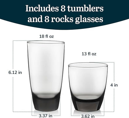 Libbey Classic Rocks and Tumbler Glass Cups Set, Elegant Mixed Drink Glasses Set with Modern Clean Lines, Dishwasher Safe Drinkware Set of 16