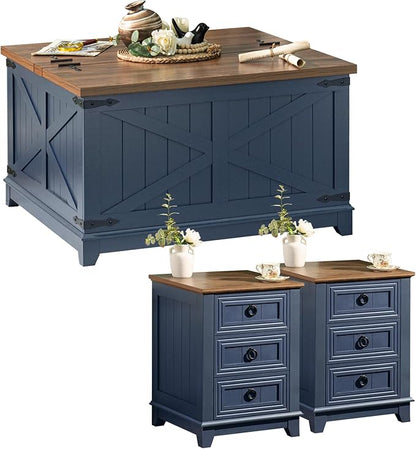 Farmhouse Coffee Table Set of 3, Furniture Set, Coffee Table with Hidden Storage Organizer and Nightsand 3-Piece Set, Large Country Natural Center Table Set for Living Room,Office, Home