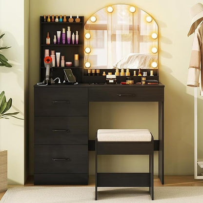 COSTWAY Vanity Desk with Mirror and Lights, Dressing Table with Charging Station, 3 Shelves, 1 Tabletop Storage Organizer, 4 Drawers and Stool, Bedroom Makeup Vanity Set for Girl, Teen, Women (Black)