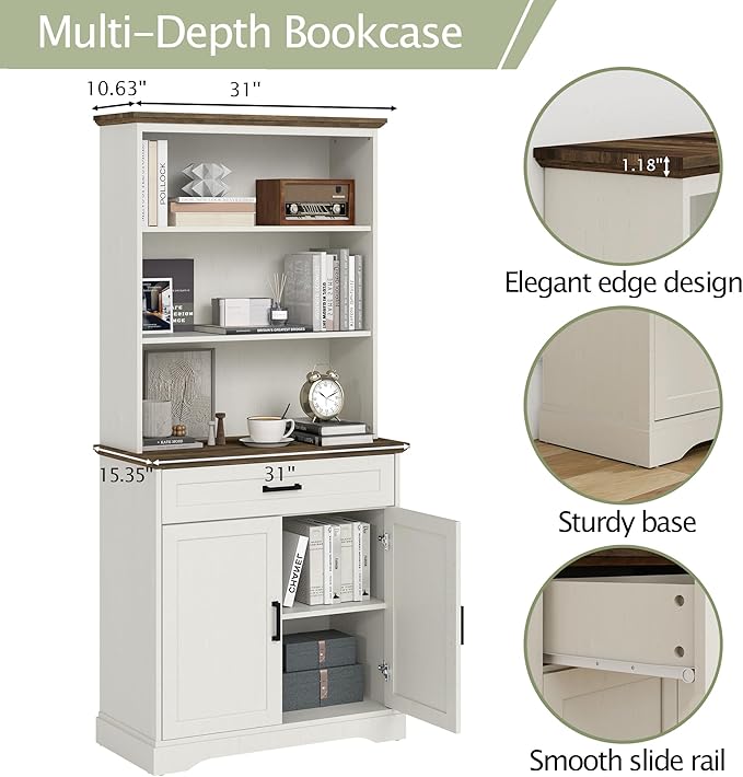 White Bookshelf with Drawers , 5-shelf Tall Bookcase with Doors, 15" Multi Depth Storage Cabinet with Adjustable Shelves, Large Bookcases for Home Office, Living Room & Bedroom, Large Storage Cabinet