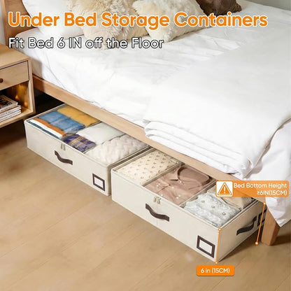 OIAHOMY 2 Pack 53L Under Bed Storage with Adjustable Dividers, 6" Low Profile Underbed Storage Bins for Comforters & Clothes, Save Closet Space with Clear View Lid & Reinforced Handles, Beige