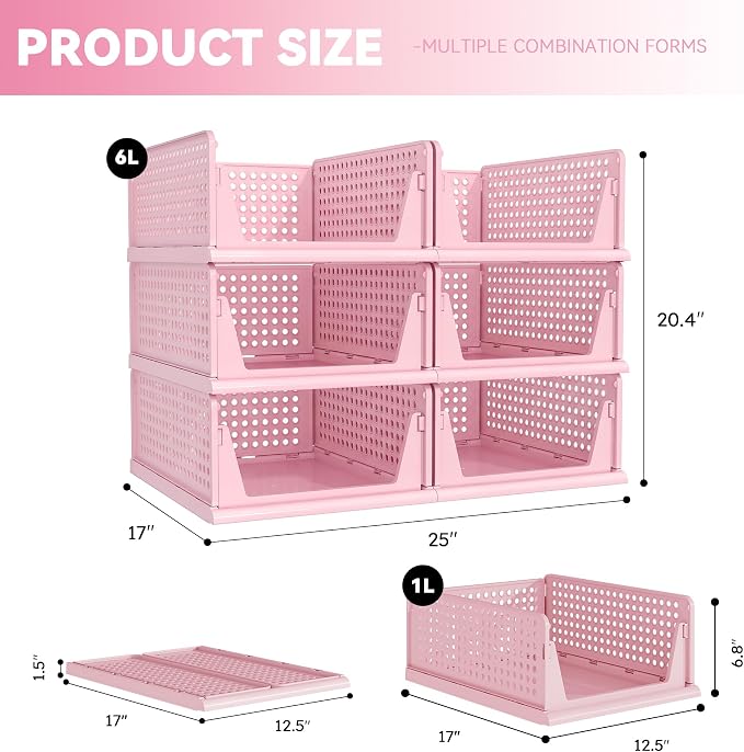 Pink Girl Closet Organizers and Storage Stackable Plastic Drawer Basket for Clothing Stackable Storage Bins Shelf Storage Container for RV Closet Wardrobe Bedroom Bathroom Playroom 6 Pack
