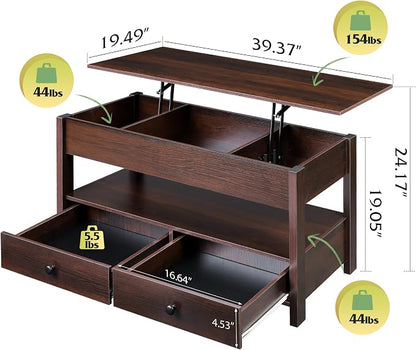WLIVE Coffee Table, Lift Top Coffee Table with 2 Drawers, Large Hidden Compartment and Open Storage Shelf, Lift Tabletop, Dining Table for Living Room, Espresso