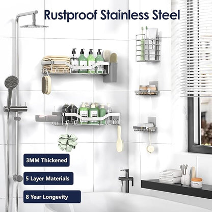 Shower Caddy Adhesive Shower Organizer 7-Pack, Rustproof Stainless Steel Bathroom Shelves, Large Capacity No-Drill Rack Storage Accessories with Soap Dish Toothbrush Holder Hooks