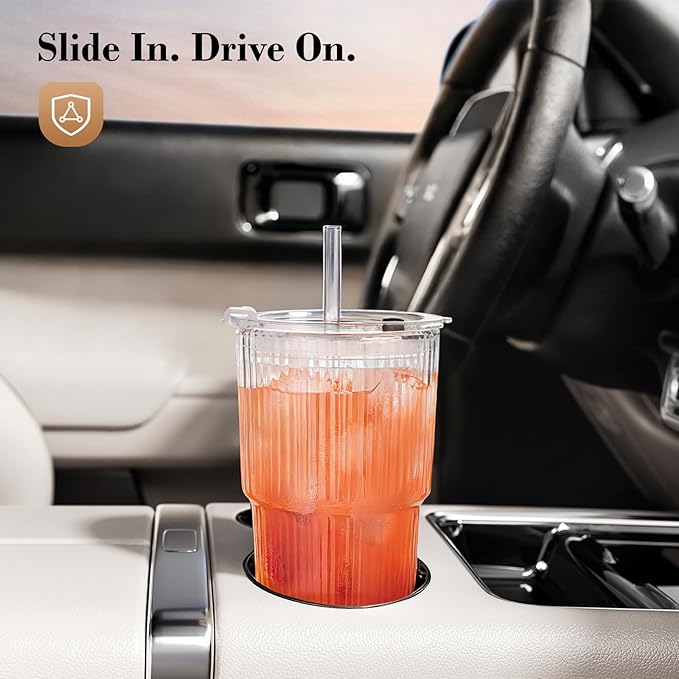 GOSCHE 20oz Glass Tumblers with Straws and Lids, Ribbed Iced Coffee Cups Leak-proof, Dishwasher Safe, Thickened Glass Cups with Lids Ideal for Coffee and Travel, Clear, 4 Pack