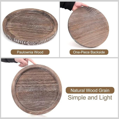 Round Decorative Wooden Serving Trays for Ottoman Coffee Table Tray Farmhouse Kitchen Home Decor Accents Circle Circular Wood Decorations Trays Rustic Dining Table Centerpiece Candle Holder Tray