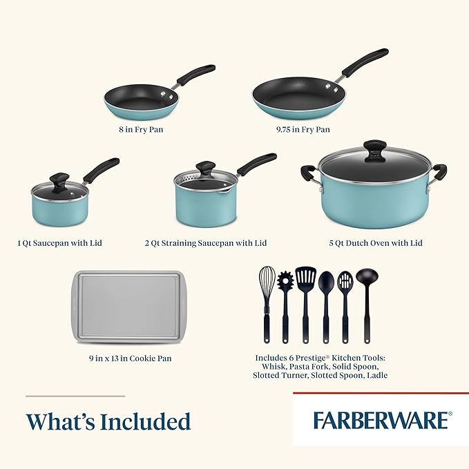 Farberware Cookstart DiamondMax Nonstick Cookware/Pots and Pans Set, Dishwasher Safe, Includes Baking Pan and Cooking Tools, 15 Piece - Aqua