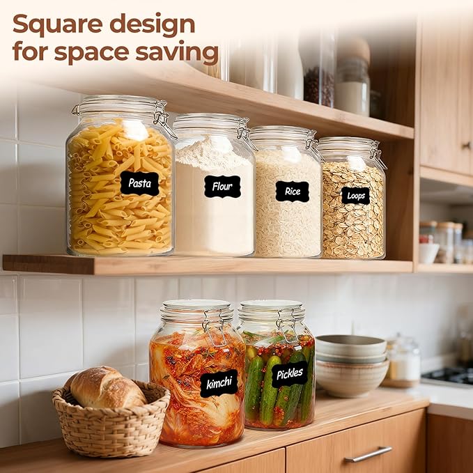 ComSaf 2 Pack 1 Gallon Glass Jars with Lids, Glass Flour Sugar Storage Containers for Pantry & Kitchen Organization, Extra Large Mason Jars with airtight lid, Coms with Labels & Massuring Cups.