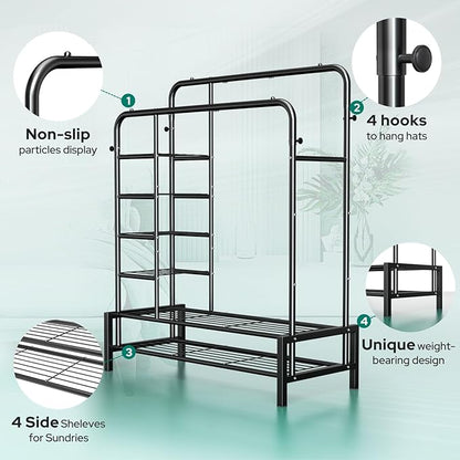 Clothes Rack, Double Rods Clothing Rack with 2 Bottom Shelves & 4 Side Shelves, Metal Garment Rack for Hanging Clothes, Heavy Duty Clothes Rack for Bedroom, Laundry, Living Room, Black