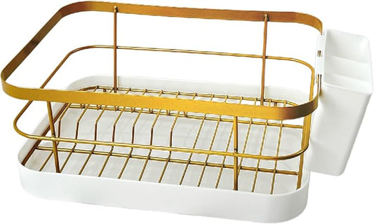 Dish Drying Rack for Kitchen Counter - Space-Saving Gold Dish Rack with Drip Tray & Cutlery Holder, Carbon Steel Removable Dish Drainer Rack