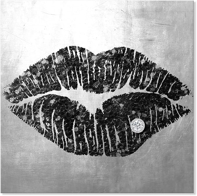 7CANVAS Black and Grey Wall Art Decor Woman Sexy Lips Painting Prints on Canvas Framed Artwork for Home Bedroom Bathroom Salon Decor Framed 12x12Inch
