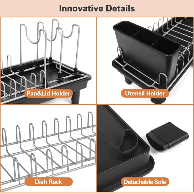 Small Dish Drying Rack for Kitchen Counter, Dish Rack with Detachable Utensil Holder and Draining Tray, Upgraded Load-Bearing Design for Plates Cutlery Pans and Pot Lids, Black