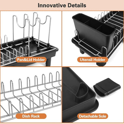 Small Dish Drying Rack for Kitchen Counter, Dish Rack with Detachable Utensil Holder and Draining Tray, Upgraded Load-Bearing Design for Plates Cutlery Pans and Pot Lids, Black