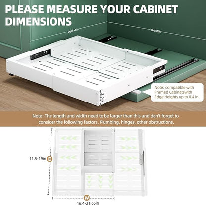 Expandable Pull Out Cabinet Organizer, Adjustable Width 12"-19" & Depth 16.5"-22", 4-Side Extension, 5 Slide Rails for Heavy Duty Use, Adhesive Roll Out Shelves for Kitchen Cabinets, White 1PCS
