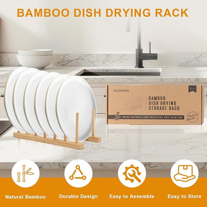2 Pack Bamboo Dish Drying Rack, Natrual Wooden Plate Rack Holder, Kitchen Storage Organizer for Dish, Plate and Cutting Board
