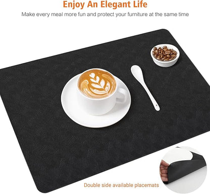 Vinyl Placemats Set of 6 Heat Resistant Easy Clean Non-Slip Place Mats for Dining Table Faux Leather Waterproof Stain Resistant Wipeable Washable PVC Table Mats(6, Black)