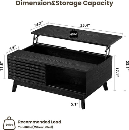 HAIOOU Lift Top Coffee Table, Mid Century Modern Coffee Table with Hidden Storage for Living Room, 35.4" Lift Tabletop Coffee Tables with Sliding Fence Door for Dining Working (Black)
