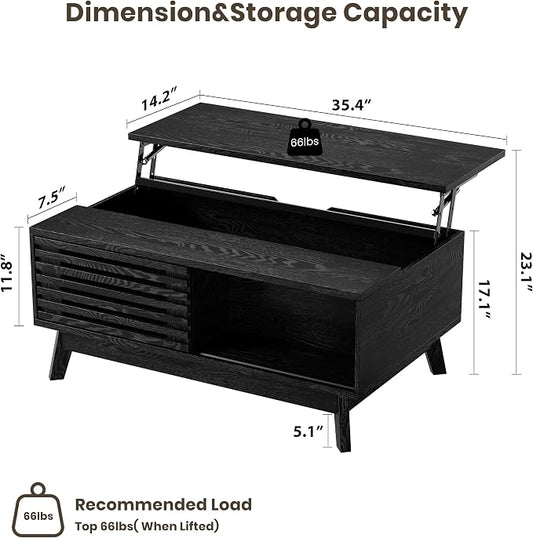 HAIOOU Lift Top Coffee Table, Mid Century Modern Coffee Table with Hidden Storage for Living Room, 35.4" Lift Tabletop Coffee Tables with Sliding Fence Door for Dining Working (Black)