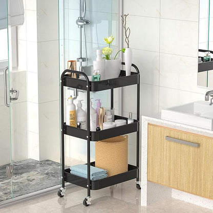 3-Tier Rolling Cart, Metal Utility Storage Carts with Wheels, Black | Multi-Functional Organizer Snack Cart Easy Assembly