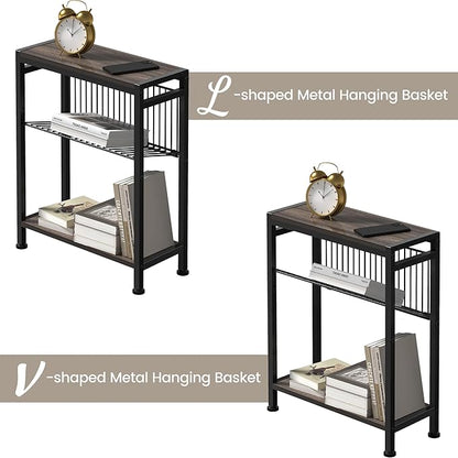Small Side Table Set of 2 - 3-Tier Narrow End Table with Magazine Holder, Skinny Snack Couch Table for Living Room, Bedroom, Study and Balcony (Ash Brown)