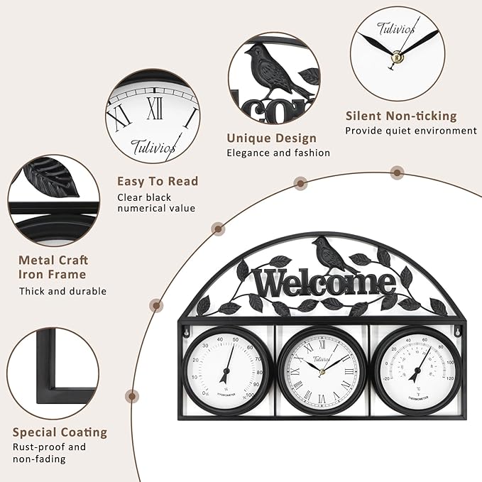 26Inch Large Outdoor Clock,Waterproof Wall Clock with Thermometer and Hygrometer Combo,Weatherproof Non-Ticking Battery Operated Decor Clock for Patio,Garden,Pool,Porch,House Warming Gifts