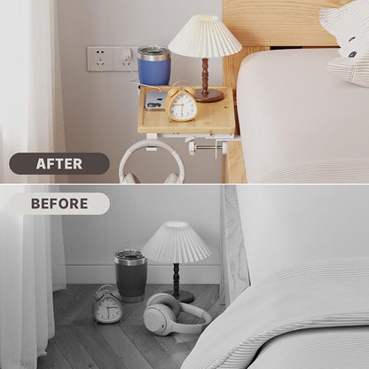 Magheo Bedside Shelf Wood, Foldable Clip-On Bed Shelf for Top Bunk Space Saving Bed Side Table Tray for College Dorm Room Essentials,Loft Nightstand Organizer Tray with Rotatable Cup Holder, Hooks