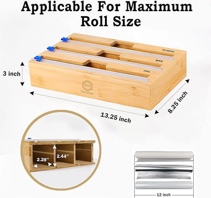 Foil and Plastic Wrap Organizer with Kitchen Aluminum Foil Holder, Cling Plastic Wrap Dispenser with Cutter and Labels, Bamboo Kitchen Wrap Organizer (3 in 1)