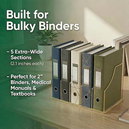 Gold Binder Organizer for Desk, 5 Slot Metal Wire Vertical File Sorter with Mesh Bottom, Large Desktop Magazine Holder Rack for 2 Inch Binders, Medical Coding Books, Vinyl Records, 12.1"