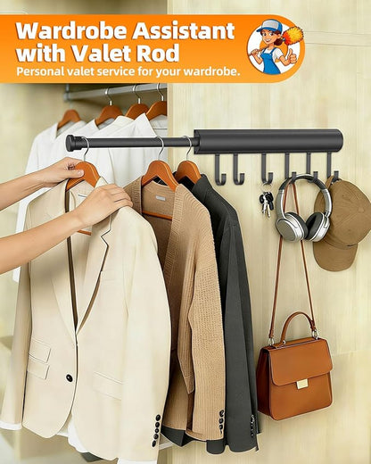 12 inch Valet Rod for Closets Pull Out, Closet Rods Extenders for Hanging Clothes Telescoping Adjustable With 6 Hooks (Black, 12 Inch-1 Pack)