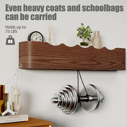 Coat Rack Wall Mount with Shelf 5 Hidden Hooks Modern Wooden Key Holder Entryway Organizer for Hallway Bedroom Bathroom Home Decor Storage for Hanging Coats Hats Bags Towels, Wave-Shape Walnut