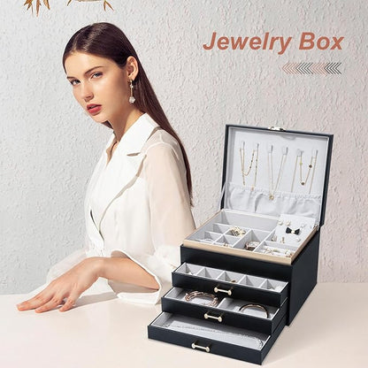 Jewelry Boxes for Women, Large Jewelry Storage Boxes, 4-Layer Leather Jewelry Organizer with 3 Drawers, Jewelry Display Case Gift for Women Girls, Black