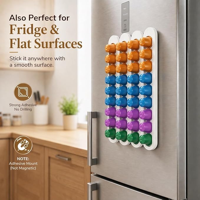 Bamboo Coffee Pod Holder, Adhesive Wall Mount (No Drilling) for Cabinet Door, 36-Capsule Storage (Set of 4) — Vertical/Horizontal — Compatible with Nespresso Original Line-White
