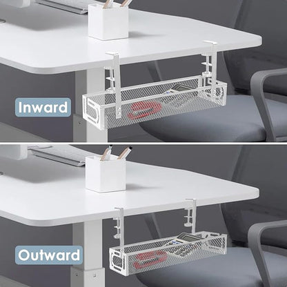 Under Desk Cable Management Tray, Cable Management Under Desk No Drill, Wire Management Tray with Clamp, Cord Organizer for Home Office, White