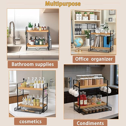 LEMIKKLE Coffee Station Organizer with Pod Holder and Drawer, Kitchen Countertop Organizer, Coffee Bar Accessories Station with Coffee Pod Storage, 2-Tier Wood Coffee Organizer With 6 Hooks