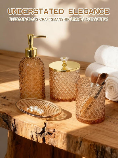 Haturi Amber Brown Bathroom Accessories Set, 4Pcs Glass Bathroom Accessory Set Complete w/Soap Dispenser, Toothbrush Holder, Qtip Holder, Soap Dish, Gold Bathroom Decor Sets, Gift for Home Apartment