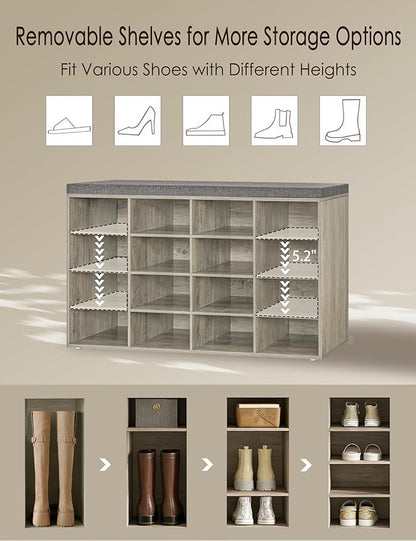 DINZI LVJ Shoe Storage Bench with Cushion, 16-Cubby Shoe Rack, Adjustable Shelves, Multifunctional Shoe Organizer Bench for Entryway, Mudroom, Hallway, Living Room, Bedroom and Garage, Gray Wash