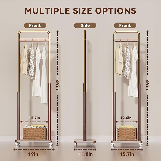 Clothes Rack Solid Wood Coat Rack, Metal and Solid Wood Combination Clothing Rack with Wheels for Entryway, Bedroom, Living Room, Coat Racks Freestanding for Hanging Clothes Garment Scarf