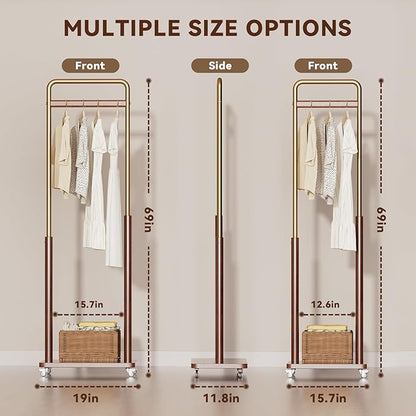 Clothes Rack Solid Wood Coat Rack, Metal and Solid Wood Combination Clothing Rack with Wheels for Entryway, Bedroom, Living Room, Coat Racks Freestanding for Hanging Clothes Garment Scarf