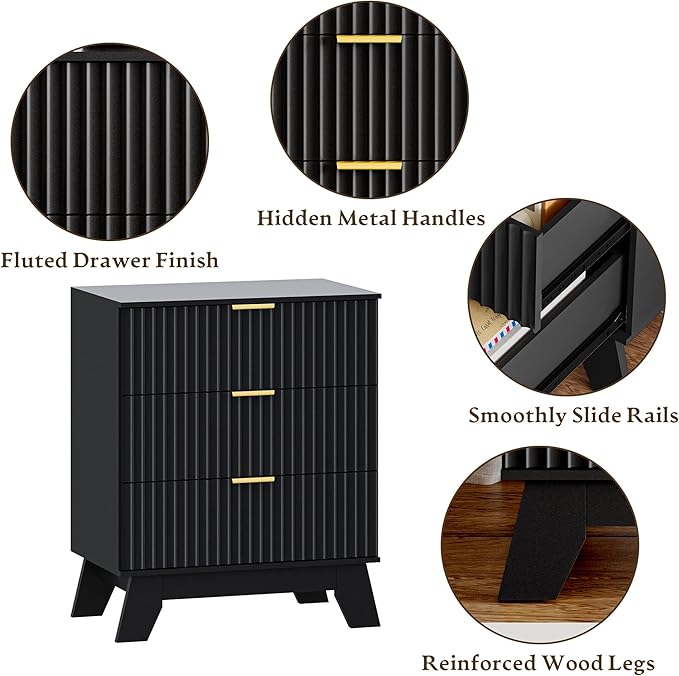 Fluted 3 Drawer Dresser for Bedroom, Mid Century Modern Beside Table with Metal Handle, Wooden Nightstand with 7 Drawers End Table for Living Room, Closet, Entryway, Black