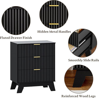 Fluted 3 Drawer Dresser for Bedroom, Mid Century Modern Beside Table with Metal Handle, Wooden Nightstand with 7 Drawers End Table for Living Room, Closet, Entryway, Black