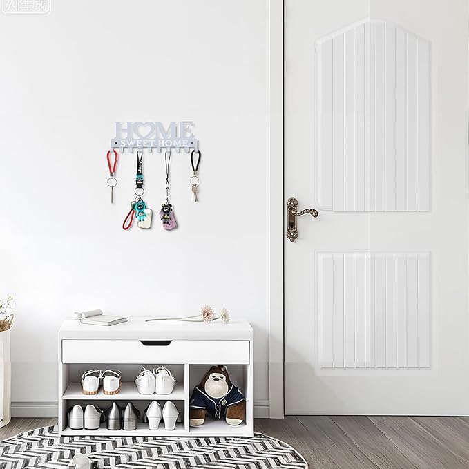 Key Holder Wall Mounted with Screws and Anchors, White Multifunctional Key Hanger with 10 Hooks, Entryway Front Door Kitchen Hallway Garage Office