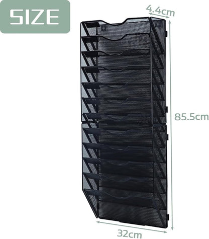 12 Tier Mesh Hanging File Organizer Vertical Wall File Organizer Wall File Holder for Office School Home, Black