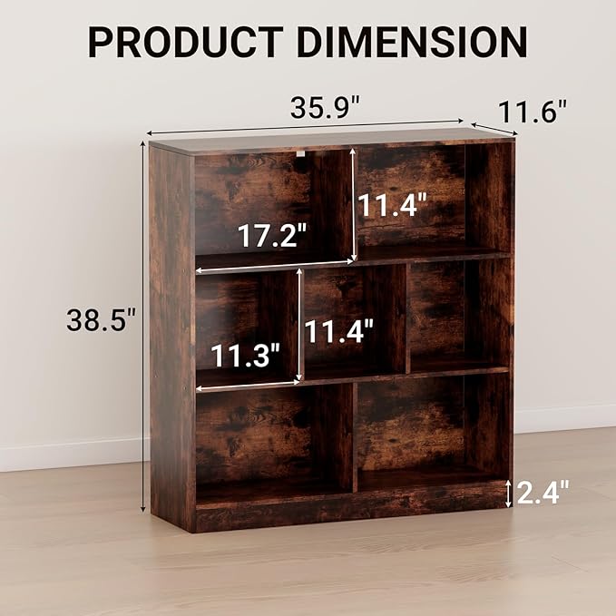 7 Cube Wooden Bookshelf with Base,3-Tier Freestanding Open Storage Organizer,Multi-Functional Bookcase for Living Room,Bedroom,Study and Office (Dark Brown, 7-Cube)