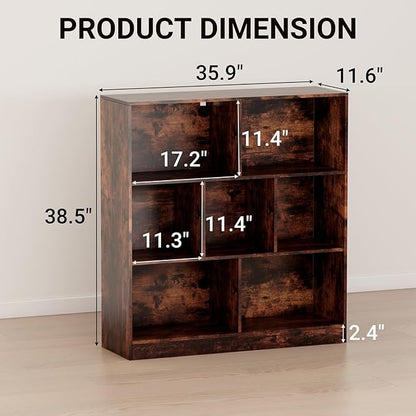 7 Cube Wooden Bookshelf with Base,3-Tier Freestanding Open Storage Organizer,Multi-Functional Bookcase for Living Room,Bedroom,Study and Office (Dark Brown, 7-Cube)