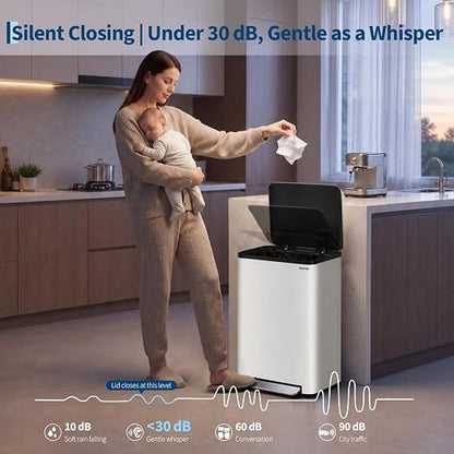13 Gallon Trash Can Kitchen Garbage Bin with Removable Inner Buckets 50L Stainless Steel Step-on Metal Large Waste Cans with Soft Close Lid White